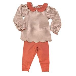 Ishtex Striped Rust Red and White Top Peter Pan Collar Scallop Hem Matching Set